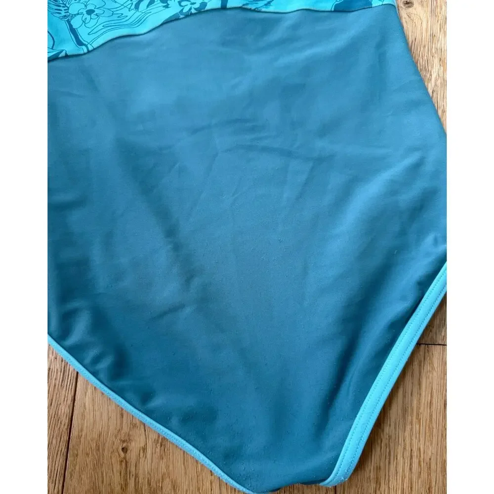 Athleta Girl One Piece Rash Guard Swimsuit XS 6 Blue Floral Zip Front UPF Beach
